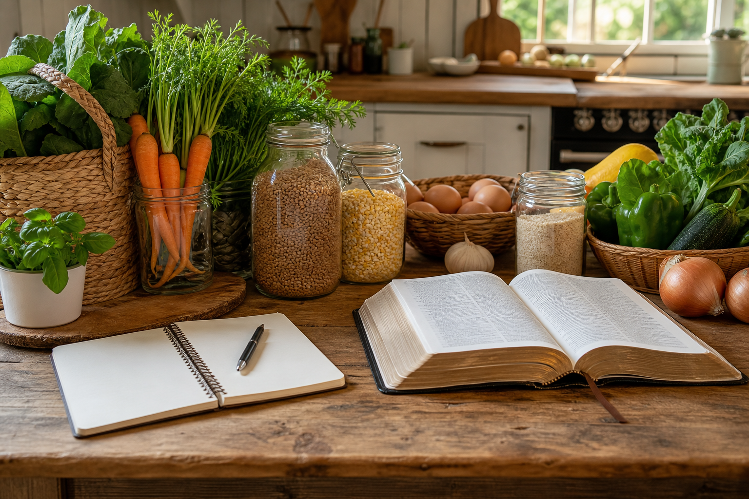 a warm kitchen table with fresh produce, jars, and a family-friendly grocery list beside an open Bible